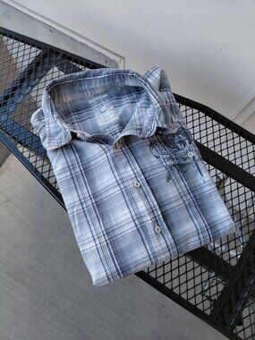Machine Y2K Skull Swords Long Sleeve Button Up Shirt Blue Grey Men’s Medium